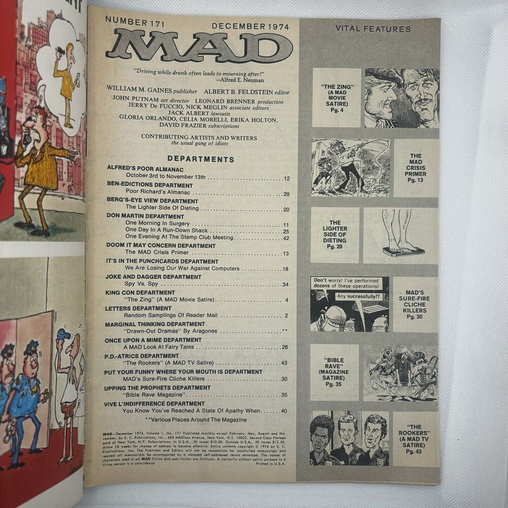 Mad Magazine No 171 December 1974 Mad Salute The Big Con We Zing the Sting Humor - Picture 2 of 3